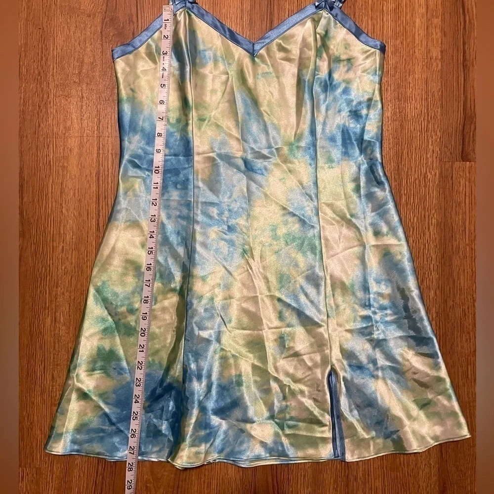 Delicates Womans Tie Dye Green/Blue Satin Bow Lingerie Chemise slip dress